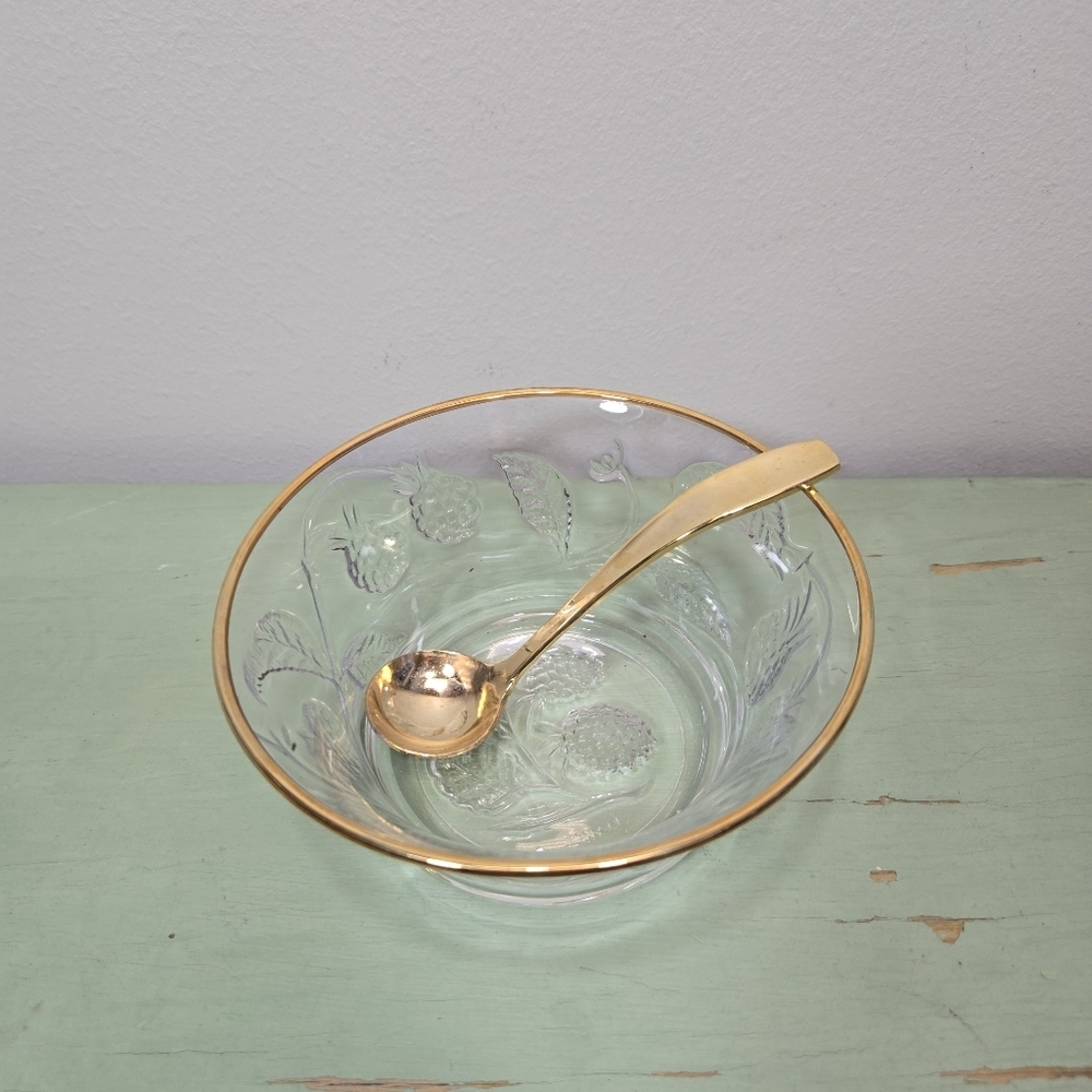 Glass Gold Rasberry Relish Jam Dish with Spoon Vintahe